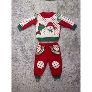 Vintage Baby Christmas Sweatsuit Hush Puppies Snowman Set 6/9M Red Green Fleece